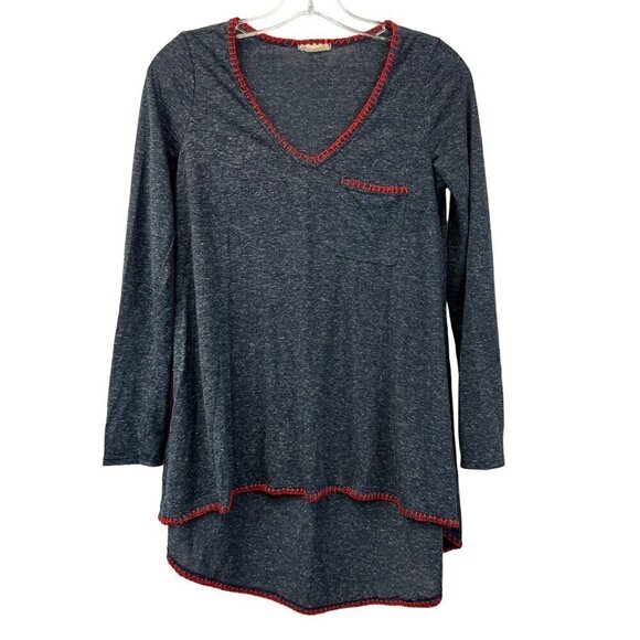 Honey Bunch Tops - Honey Punch Women’s V-Neck Long Sleeve Top Hi-Low Stitched Trim Blue/Red S